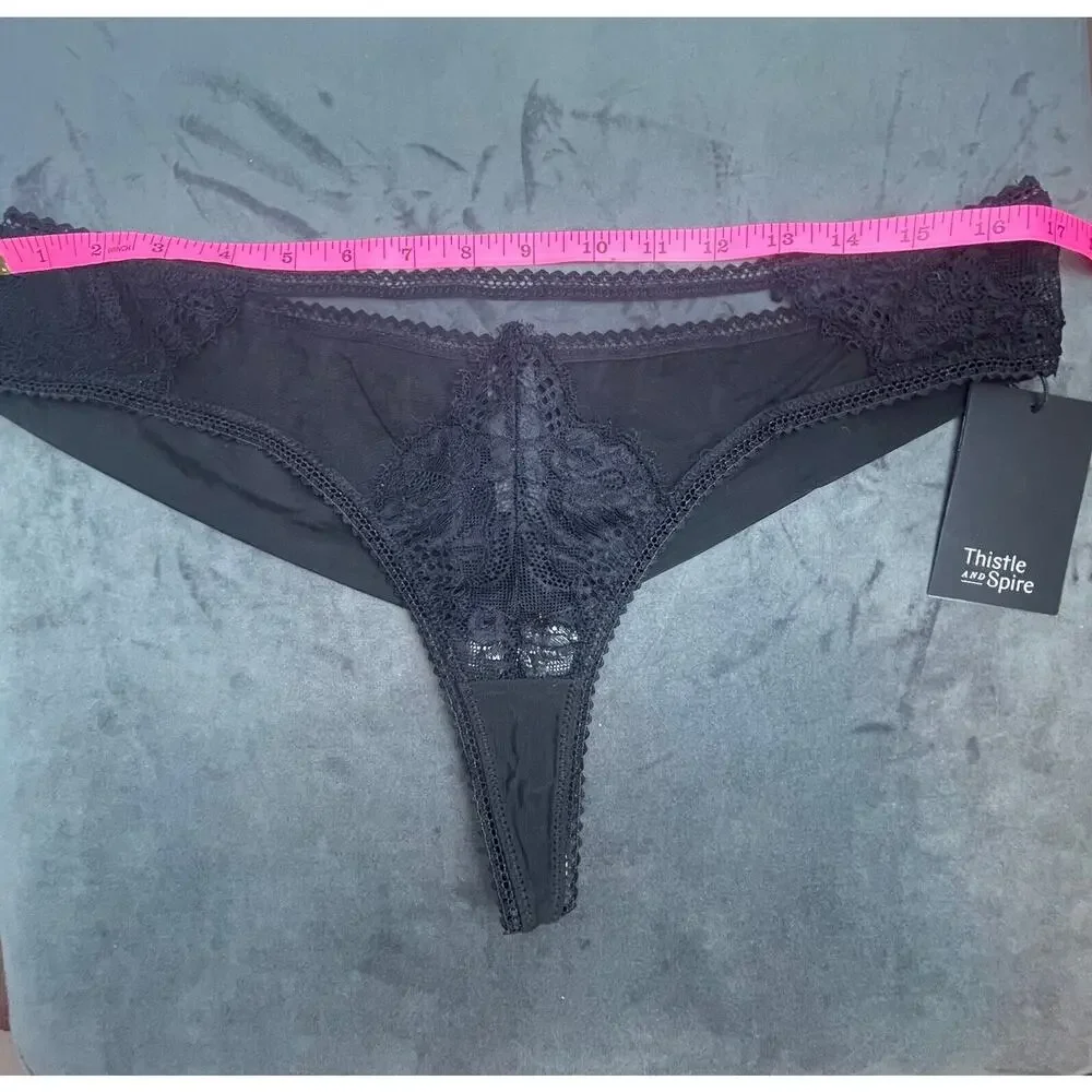 Thistle and Spire Eyelash Mirage Thong Womens XL Black Lace Sheer‎